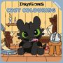 "HOW TO TRAIN YOUR DRAGON", "COSY COLOURING", "COVER COMING SOON". Illustration eines süßen Drachens mit einem Schmetterling., Buch