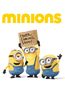 Text: "Minions", "Cover Coming Soon!" Drei gelbe Figuren in blauer Latzhose halten ein Schild hoch. 