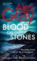 „Alex Gray BLOOD ON OLD STONES. The wildest places conceal the darkest secrets.“ Stürmischer Himmel über Felsen am Meer., Buch