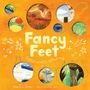 „Fancy Feet: Guess Who’s Walking“. Bunte Kreise mit Tiermotiven vor orangenem Hintergrund, dekorative Linien., Buch