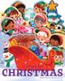 „It's Time for Christmas“. Fröhliche Elfen mit Geschenken um einen Schlitten, ein Schneemann und ein Weihnachtsbaum., Buch