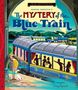 "Agatha Christie's The Mystery of the Blue Train." Illustration eines Zugs mit silhouettierten Personen in den Fenstern., Buch