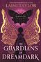 Titel: "THE GUARDIANS OF DREAMDARK". Illustration mit goldenen Flügeln und schwarzem Schmetterling auf violettem Hintergrund., Buch