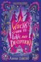 "A Witch’s Guide to Love and Deception" in geschwungenem Text, verziert mit floralen Mustern und zwei Figuren., Buch