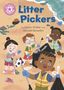 "Litter Pickers". Autoren: Jackie Walter und Donald Benedict. Kinder mit Zangen sammeln Müll am Strand, fröhlich in Aktion.