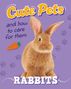 „Cute Pets and how to care for them. RABBITS.“ Ein brauner Hase auf violettem Hintergrund mit Pfotenabdrücken und einer Karotte.