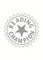 Text: "READING CHAMPION". Sternförmiges Logo in der Mitte mit gezacktem Rand.
