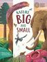 Text: "NATURE, BIG AND SMALL", "Natural History Museum", "Michael Bright and Gavin Scott". Illustration: Dinosaur, Vogel, Elefant, Blume., Buch