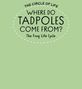 Text in einem ovalen Rahmen: "Where do tadpoles come from? The Frog Life Cycle." Heller Hintergrund.