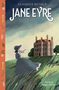"Classics Retold: Jane Eyre, Retold by Maggie Pearson." Eine Illustration einer Frau vor einem großen Herrenhaus auf einem Hügel.