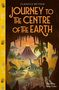 Titel: "Journey to the Centre of the Earth". Illustration: Vulkan, Dinosaurier, Mensch mit Stock in Höhle.