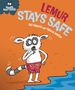 Text: "LEMUR STAYS SAFE" und "Health MATTERS!". Illustration: Ein Lemur in Badehose steht nachdenklich am Wasser.