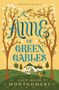 "Anne of Green Gables" in blauer Schrift, darunter ein Bauernhaus mit Bäumen und Blumen. Ein Hahn steht auf einer Wiese.