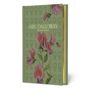 Grüne Buchhülle mit dem Text "Mrs. Dalloway" und "Virginia Woolf", darauf violette Blumen und goldene Buchseiten., Buch