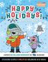 "Happy Holidays! Activity Book" steht oben. Zwei Cartoon-Figuren, ein Elefant und ein Schwein, spielen im Schnee., Buch
