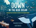 "DOWN IN THE BLUE OCEAN" steht in großer Schrift. Ein Wal schwimmt im Wasser, umgeben von Fischen und einem U-Boot., Buch