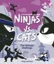 „NINJAS vs. CATS: The Ultimate Challenge“. Illustration: Ninjas, Katzen, Berge, Pagode, Wolken, Blüten., Buch