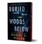 Text: "BURIED IN THE WOODS BELOW" oben und "DANIEL G. MILLER" unten. Ein dunkles Haus im Wald mit leuchtendem Fenster am Wasser.