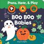 "Press, Hear, & Play: Boo Boo Babies" oben. Fröhliches Gespenst und zwei Kürbisse, umgeben von Sternen und Blättern.