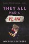 Text oben: "A passion. A hatred. A jealousy. A murder." Titel: "THEY ALL HAD A PLAN." Darunter: "Michele Leathers." Darunter ein Streichholzheft mit violettem Faden. 