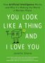 "YOU LOOK LIKE A THING AND I LOVE YOU" steht auf grünem Hintergrund mit Roboter-Illustration, geschrieben von Janelle Shane.