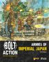 "Bolt Action", "Armies of Imperial Japan", "Third Edition". Soldaten in einem Gefecht mit Panzern und Explosionswolken.