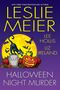 Titel: "Halloween Night Murder". Autoren: Leslie Meier, Lee Hollis, Liz Ireland. Illustration: Katze, Grabstein, Kürbis, Fledermäuse.