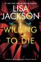 Text: "LISA JACKSON WILLING TO DIE". Gesicht mit blauen Augen, umgeben von roten, scharfkantigen Formen.