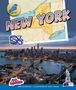 "NEW YORK" in großen Buchstaben, Landkarte oben, Skyline und Brücke bei Sonnenuntergang unten, illustriert., Buch