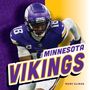 "Minnesota Vikings" in großem Text, Spieler in lila Football-Ausrüstung, Hintergrund in lila und gelb., Buch