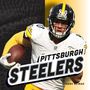 „Pittsburgh Steelers“ in fettem Text. Ein Football-Spieler in Aktion im Vordergrund., Buch