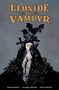 Text: "LEONIDE THE VAMPYR". Illustration eines weißen Kindes vor einer dunklen Gestalt mit Rabe, Totenkopf, Fledermaus., Buch