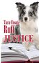 „Tara Choate Ruff Justice“. Ein Hund mit zwei verschiedenfarbigen Augen sitzt hinter einem offenen Buch mit Stift., Buch