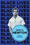 Huey P. Newton, Delio Vásquez im blauen Kreis, Hintergrund mit "BLACK LIVES". Schwarz-weißes Foto eines Mannes.