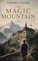 Thomas Mann, The Magic Mountain, A Novel, Translated by H. T. Lowe-Porter. Illustration: Mann vor Haus, Berge im Hintergrund., Buch
