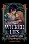 "THE WICKED LIES OF HABREN FAIRE" und "ANNA FITENI". Zwei Personen in inniger Umarmung, umgeben von Blättern.