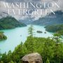 Texte: "WASHINGTON EVERGREEN A Year of Natural Wonders", "PHOTO CASCADIA 2027 CALENDAR".  
See mit umgebenden Wäldern., Kalender