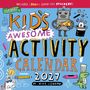 Text: "Includes 300+ Super Fun Stickers! The Kid's Awesome Activity Calendar 2027 by Mike Lowery."  
Illustration: Roboter, Hase im Hut, Pizza.