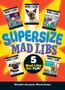 "5 Mad Libs for Fun!" in großer Schrift. Illustrationen von Büchern mit bunter Gestaltung, Katzen und Hunden.