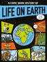 "A Comic Book History of Life on Earth" zeigt eine farbenfrohe Illustration der Evolution mit Erde und Tieren.