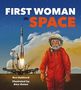 „FIRST WOMAN IN SPACE“. Illustration: Eine Astronautin in orangem Anzug, daneben eine startende Rakete vor einem Nachthimmel.