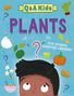 "Q & A Kids: Plants" in großen Buchstaben. Auf Kinderbuch-Cover, Illustration mit fragendem Kind und Pflanzenbildern.