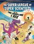 „The Super-League of Super Scientists and the Time-Travelling T. Rex“. Illustration: Wissenschaftler fliehen vor lila Tyrannosaurus Rex am Strand.