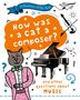 "How was a cat a composer?" und "and other questions about MUSIC" in auffälliger Schrift. Zeichnung einer Katze und einem Klavier.