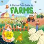 "A Curious Cat's Guide to Farms" und "Lots to Search and Find!" sind die Texte. Illustration einer Farm mit Tieren und Traktoren.