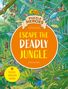 "Escape the Deadly Jungle", "10 Puzzle Spreads Inside", "Puzzle Heroes". Illustration von einem Dschungel mit Tieren und Spinnennetz.