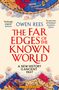 Text: „THE FAR EDGES OF THE KNOWN WORLD“, Owen Rees. Illustration: Mittelalterliche Weltkarte mit Wolken und Gesichtern.