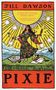 „Jill Dawson“ oben, „Pixie“ unten. Illustration: Frau in Blumenrobe mit Sternen, Sonne, Wasser, geöffnetem Buch.