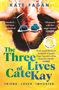 "The Three Lives of Cate Kay" von Kate Fagan. Frau mit Sonnenbrille im Wasser, lebendige Farben, Zitate von COSMO, SUN.