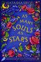 "AS MANY SOULS AS STARS" in gelber Schrift auf blauem Hintergrund. Farbige Blumen und Sterne verzieren den Rand.
